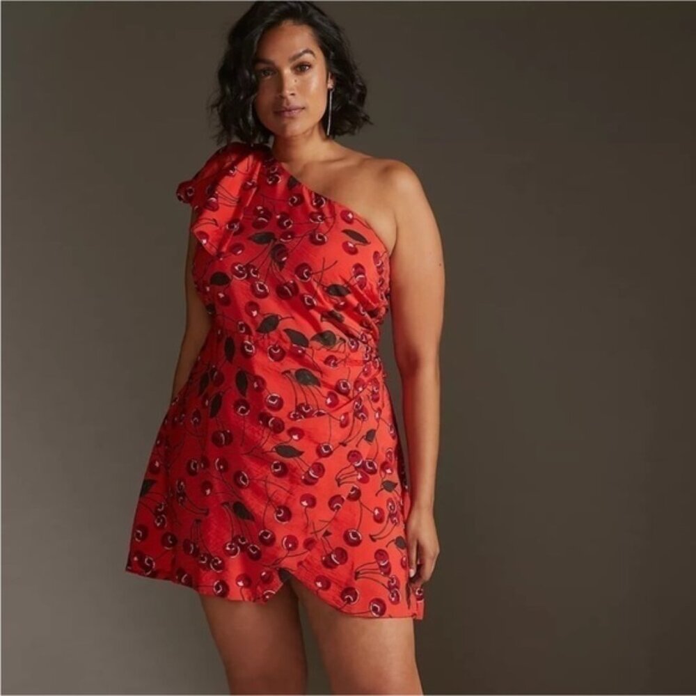 Maeve for Anthropologie One-Shoulder Printed Mini Dress Cherry Red Size 22W